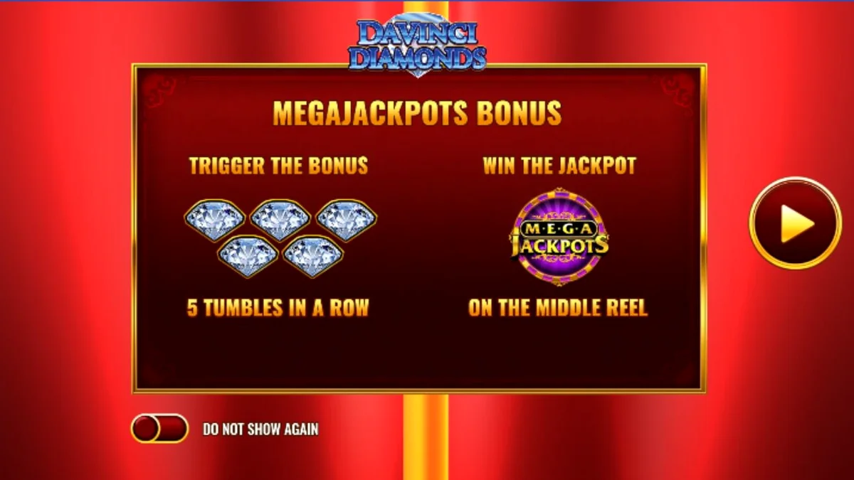Mega Jackpot DaVinci Diamonds slot machine interface na may mga diamante at sining