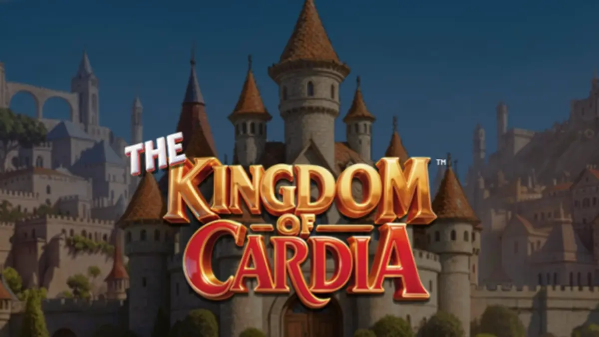 Isang makulay na eksena mula sa The Kingdom of Cardia slot na nagpapakita ng mga simbolo ng baraha at mahiwagang hardin.